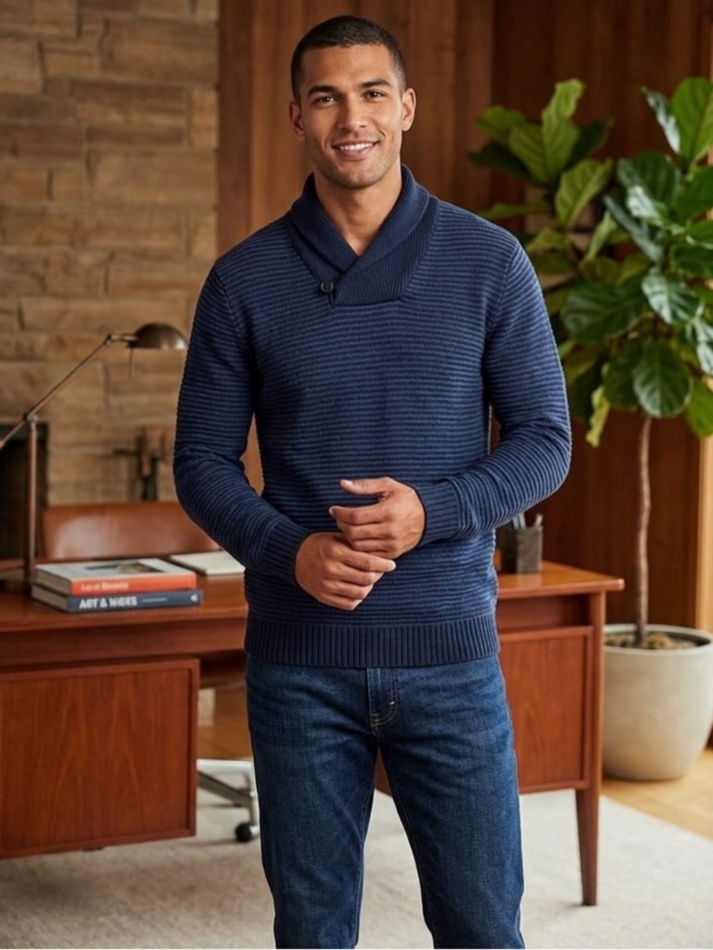 GAP‎ FACTORY Textured Cable Knit Shawl Sweater in Tapestry Navy